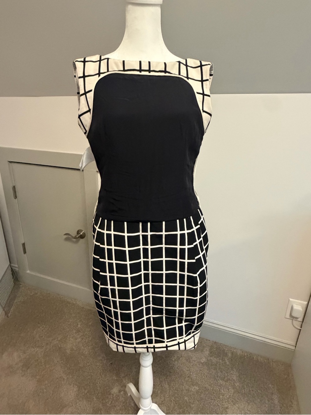 Christian Dior Paris Vintage Cream Black Windowpane Plaid Sheath Dress US 4 - Picture 7 of 13